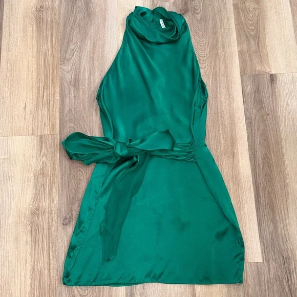 Amanda Uprichard Sandrine Mini Dress in Dark Emerald Green 100% Silk Tie Waist - Picture 2 of 15